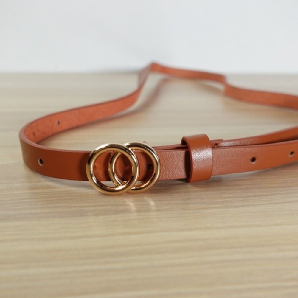 Belt Womens Brown Leather Buckle Medium Fashion Dress Faux Double Gold Ring